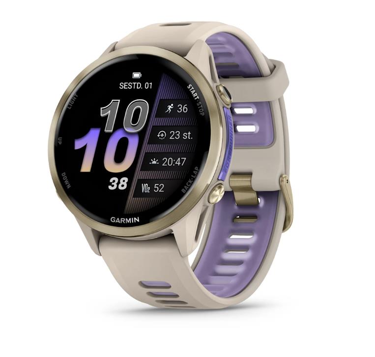 Forerunner 970 Soft Gold Titanium with French Gray Case and French Gray/Indigo Band