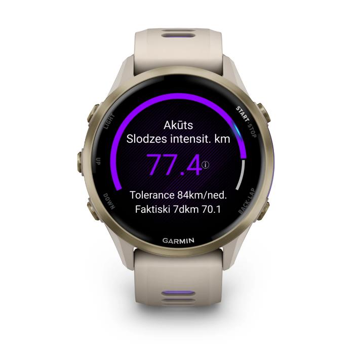 Forerunner 970 Soft Gold Titanium with French Gray Case and French Gray/Indigo Band