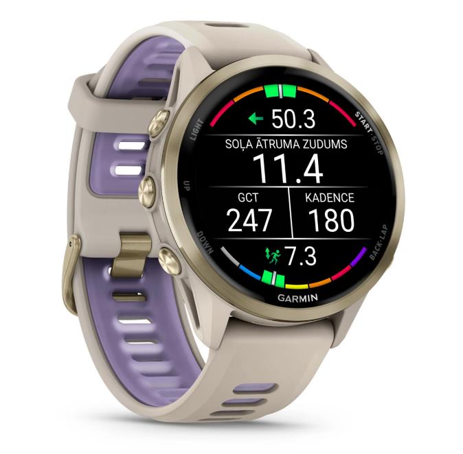 Forerunner 970 Soft Gold Titanium with French Gray Case and French Gray/Indigo Band