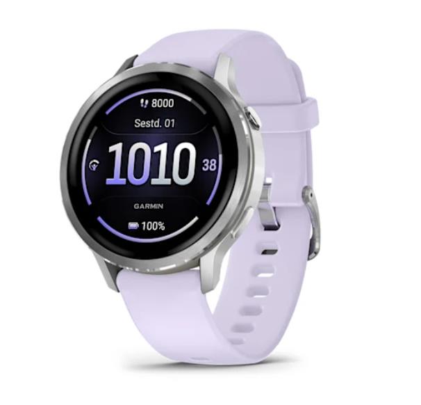 Venu 4 – 41 mm Silver with Periwinkle Silicone Band