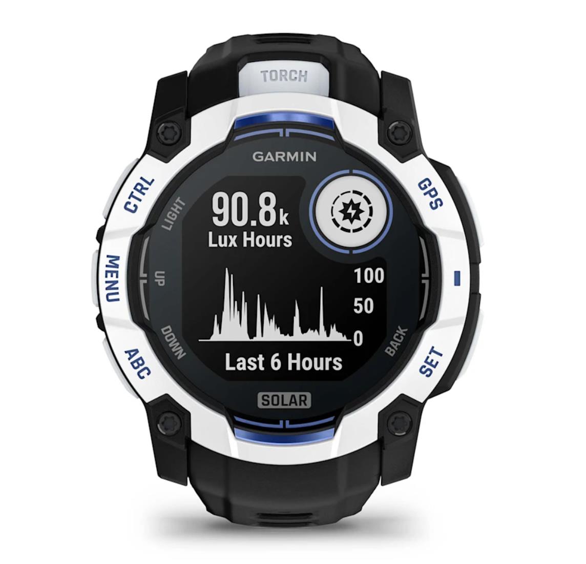 Instinct 3 – 50 mm Solar Supernova collection Whitestone and bolt blue silicone band