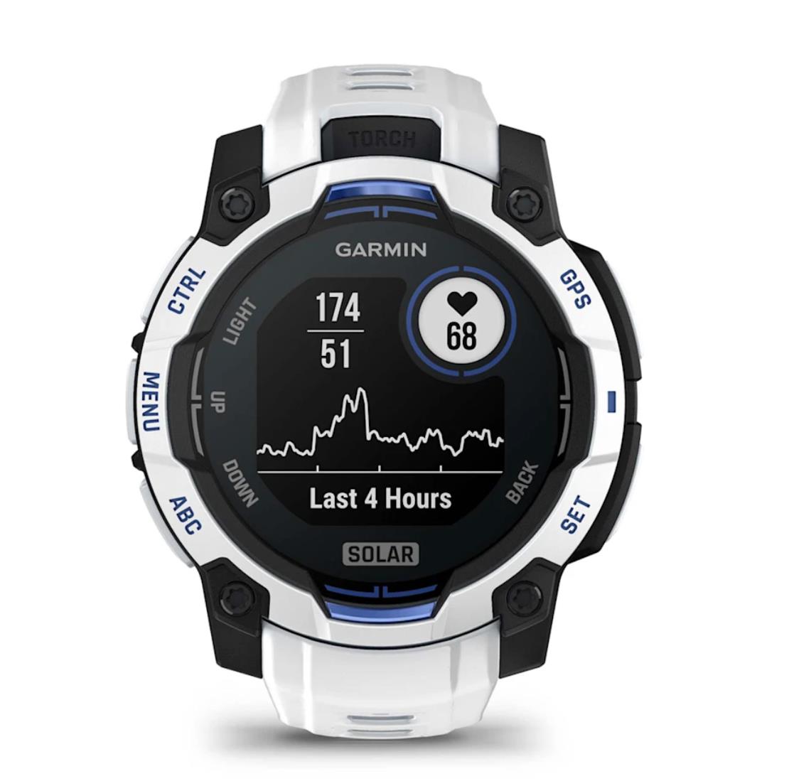 Instinct 3 – 45 mm Solar Supernova collection Whitestone and bolt blue silicone band