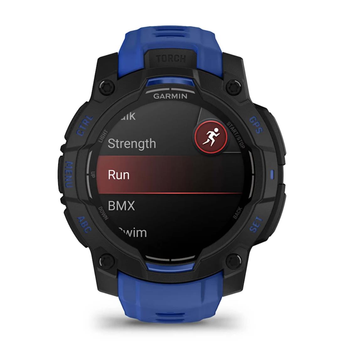 Instinct 3 – 45 mm AMOLED Supernova collection Black with bolt blue/black silicone band