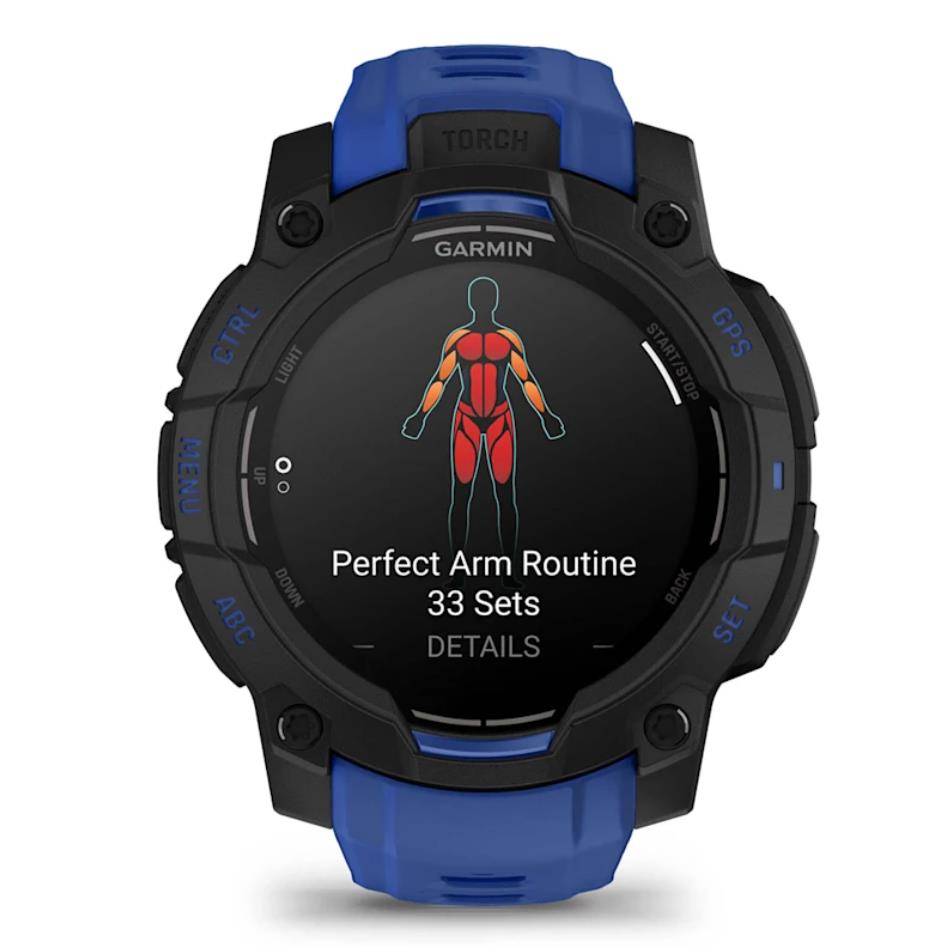 Instinct 3 – 45 mm AMOLED Supernova collection Black with bolt blue/black silicone band