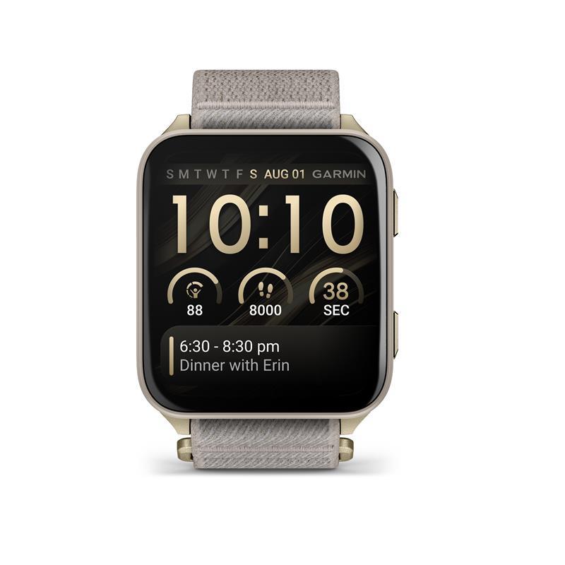 Venu X1 Soft Gold Titanium Caseback and French Gray ComfortFit Nylon Band