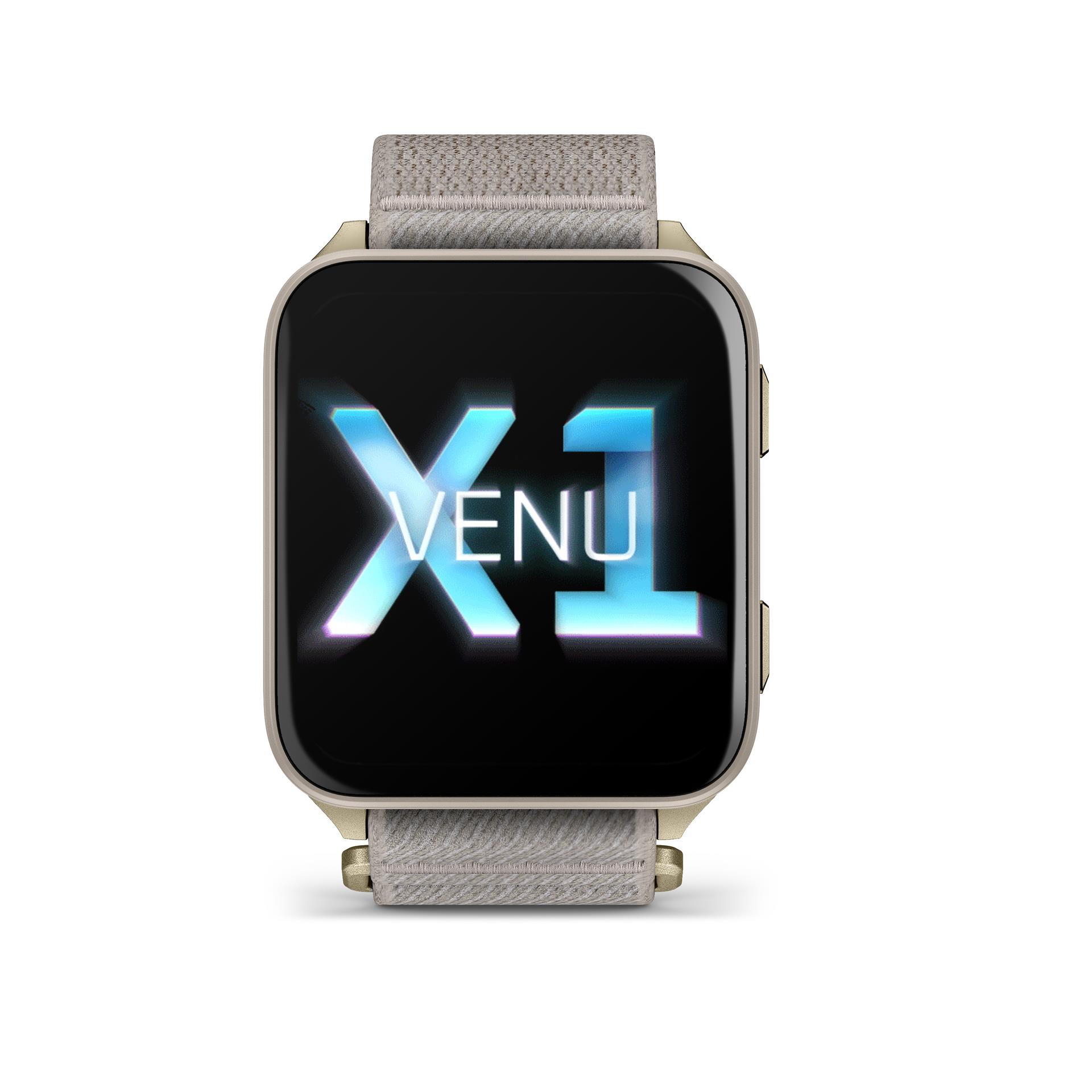 Venu X1 Soft Gold Titanium Caseback and French Gray ComfortFit Nylon Band