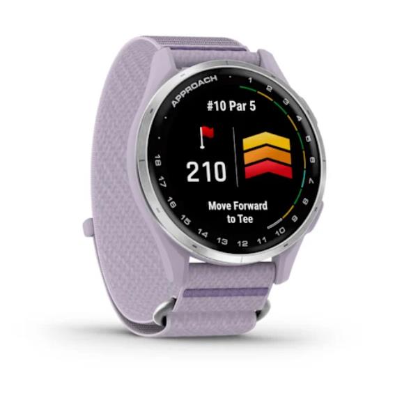 Смарт-часы Garmin Approach J1, серебристая оправа/лиловый ремешок из ткани ComfortFit