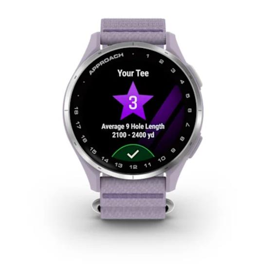 Смарт-часы Garmin Approach J1, серебристая оправа/лиловый ремешок из ткани ComfortFit