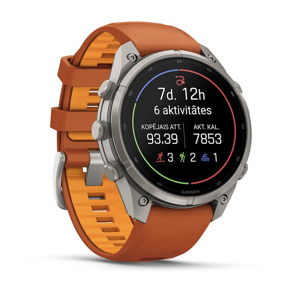 Garmin fenix 9 Pro viedpulkstenis, inReach, 47 mm, titāna korpuss ar silikona siksnu krāsā „Autumn Orange”/„Spark Orange”
