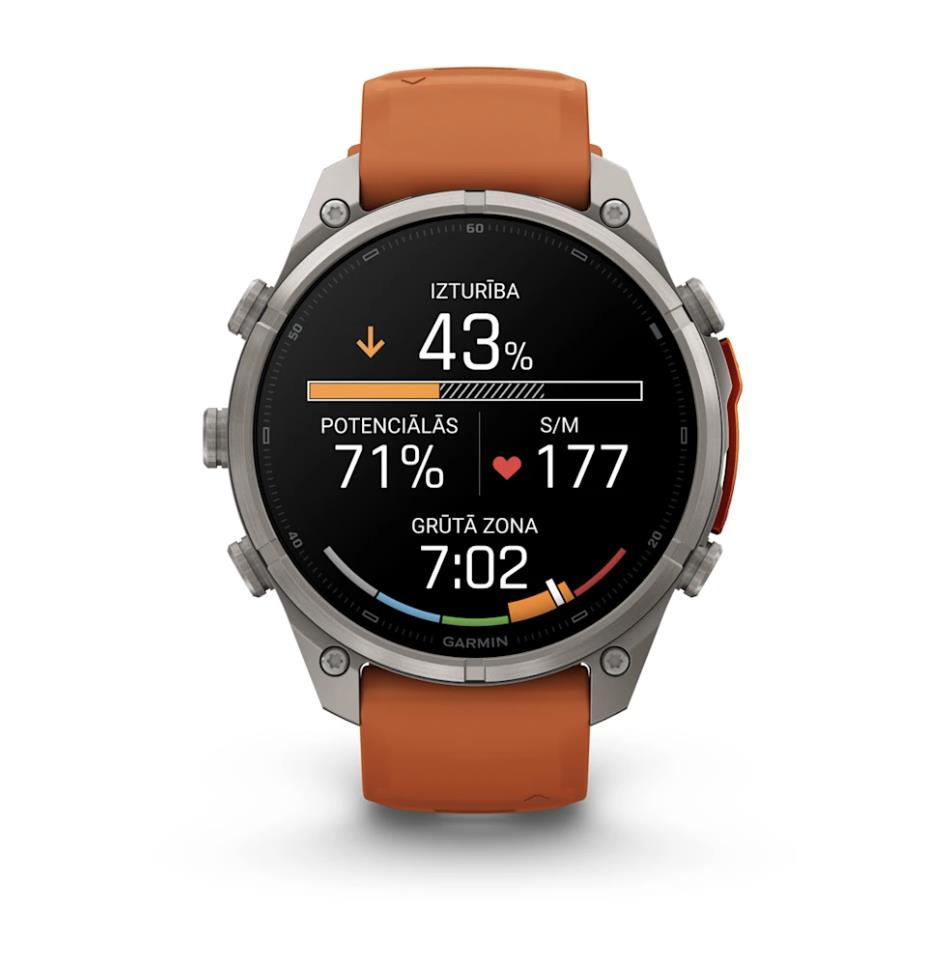 Garmin fenix 9 Pro viedpulkstenis, inReach, 47 mm, titāna korpuss ar silikona siksnu krāsā „Autumn Orange”/„Spark Orange”