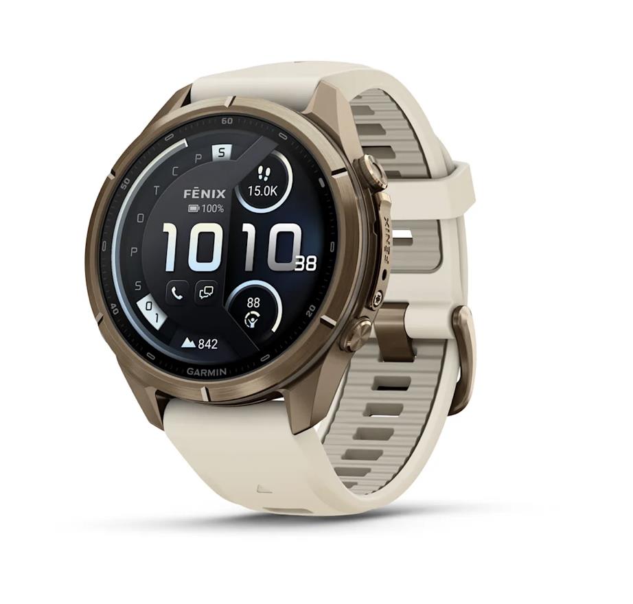 fenix 9 Pro – inReach, 43mm, Autumn Gold Titanium with Cream/French Grey Silicone Band