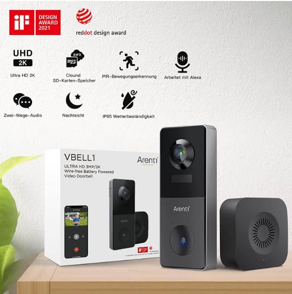 Arenti Vbell1 Wi-Fi akumulatora darbināts video durvju zvans